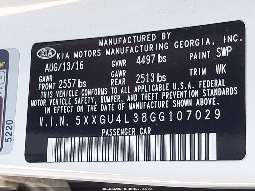 2016 Kia Optima Ex VIN: 5XXGU4L38GG107029 Lot: 43342902