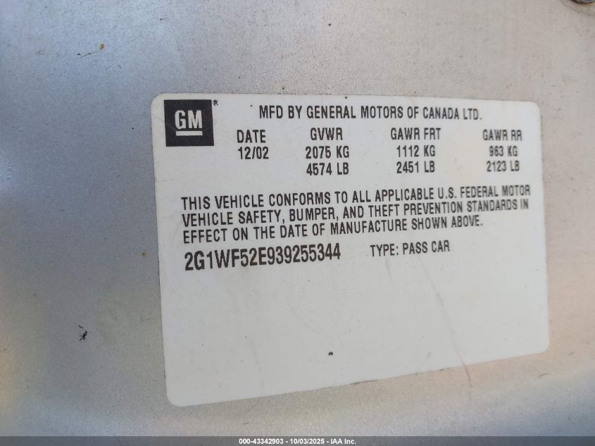 2003 Chevrolet Impala VIN: 2G1WF52E939255344 Lot: 43342903