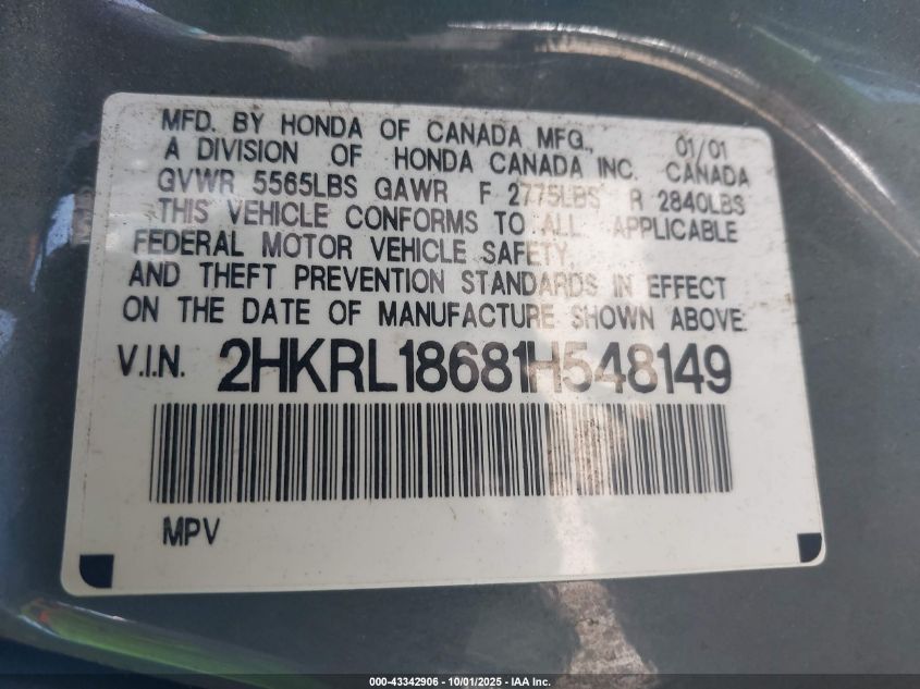 2001 Honda Odyssey Ex VIN: 2HKRL18681H548149 Lot: 43342906