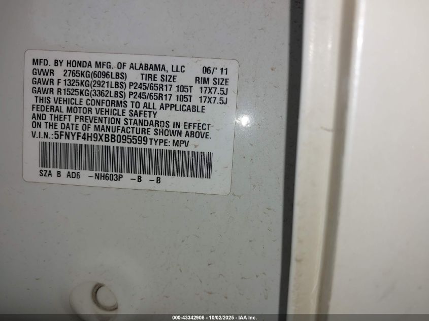 2011 Honda Pilot Touring VIN: 5FNYF4H9XBB095599 Lot: 43342908