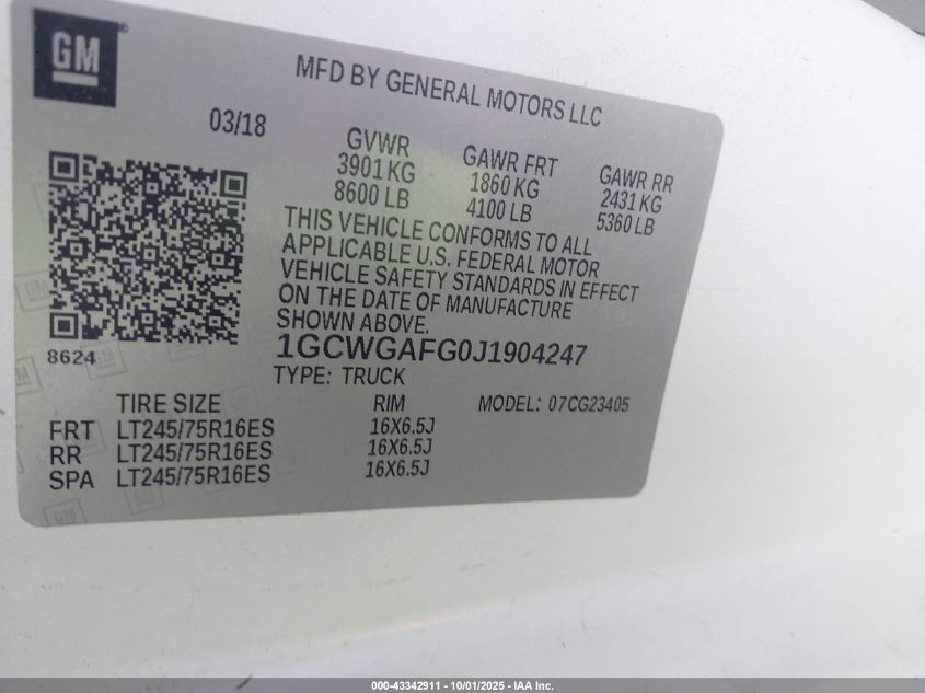 2018 Chevrolet Express 2500 Work Van VIN: 1GCWGAFG0J1904247 Lot: 43342911