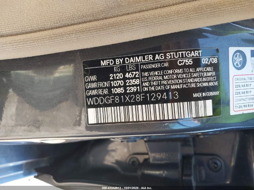 2008 Mercedes-Benz C 300 Luxury 4Matic/Sport 4Matic VIN: WDDGF81X28F129413 Lot: 43342913