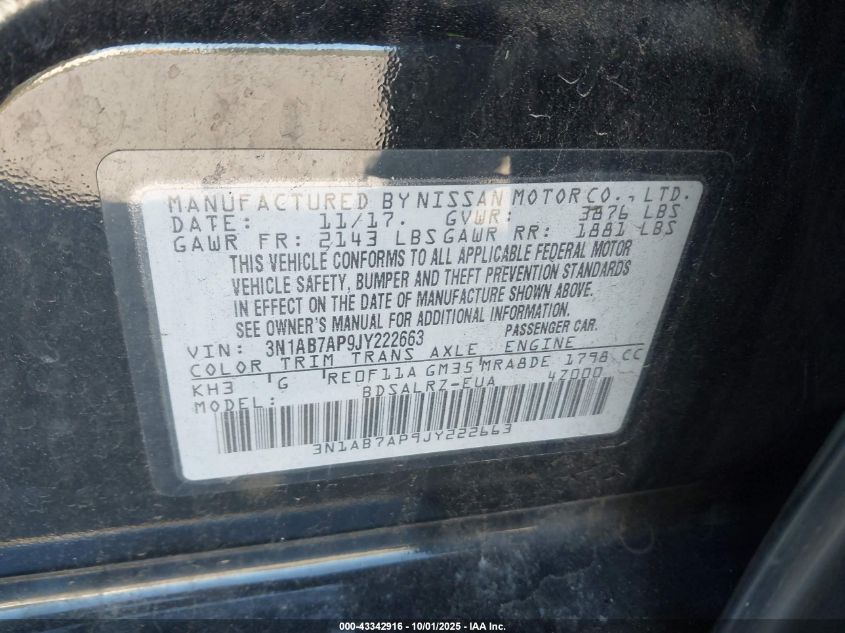 2018 Nissan Sentra Sr VIN: 3N1AB7AP9JY222663 Lot: 43342916