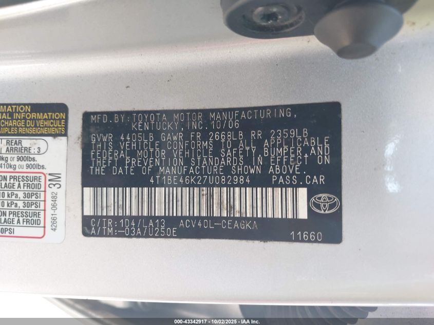 2007 Toyota Camry Xle VIN: 4T1BE46K27U082984 Lot: 43342917