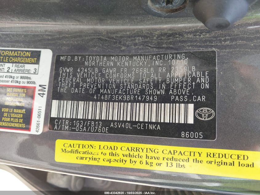 2011 Toyota Camry Le VIN: 4T4BF3EK9BR147949 Lot: 43342920