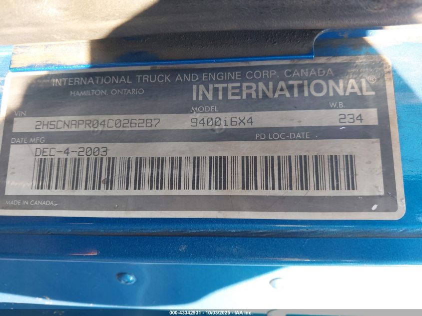 2004 International 9400 9400I VIN: 2HSCNAPR04C026287 Lot: 43342931