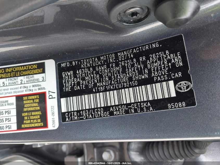 2014 Toyota Camry Se VIN: 4T1BF1FK7EU792150 Lot: 43342944