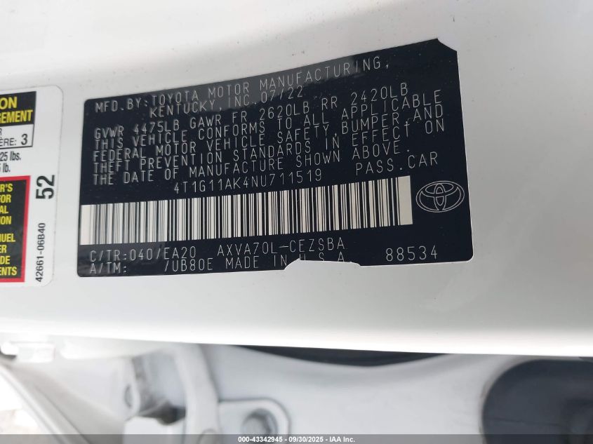 2022 Toyota Camry Se VIN: 4T1G11AK4NU711519 Lot: 43342945