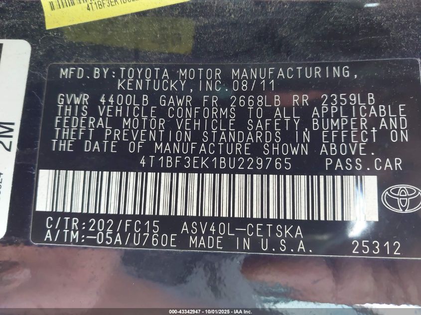 2011 Toyota Camry Se VIN: 4T1BF3EK1BU229765 Lot: 43342947