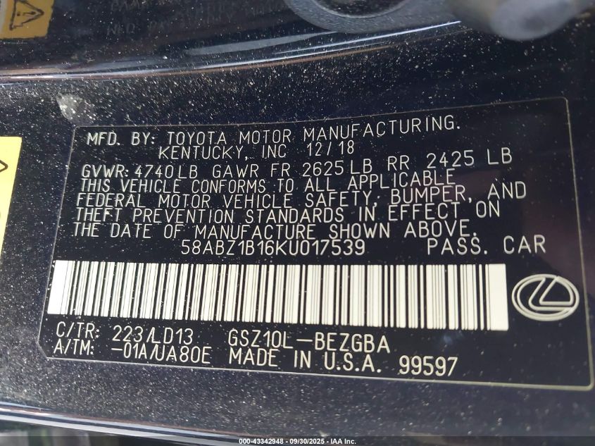 2019 Lexus Es 350 VIN: 58ABZ1B16KU017539 Lot: 43342948