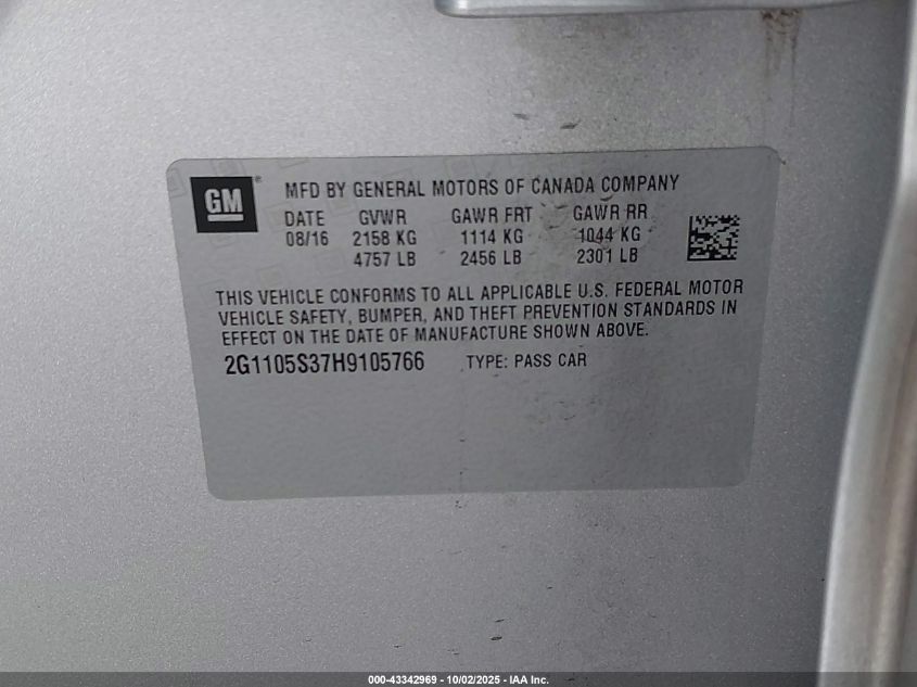 2017 Chevrolet Impala 1Lt VIN: 2G1105S37H9105766 Lot: 43342969