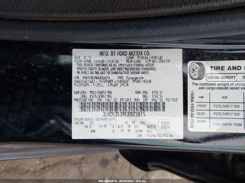 2012 Lincoln Mkz Hybrid VIN: 3LNDL2L38CR803875 Lot: 43342975