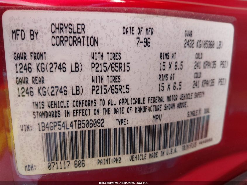 1996 Dodge Grand Caravan Le/Es VIN: 1B4GP54L4TB506092 Lot: 43342979