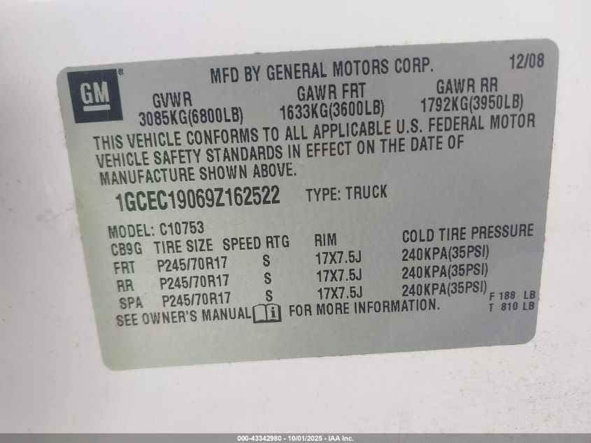 2009 Chevrolet Silverado 1500 Work Truck VIN: 1GCEC19069Z162522 Lot: 43342980