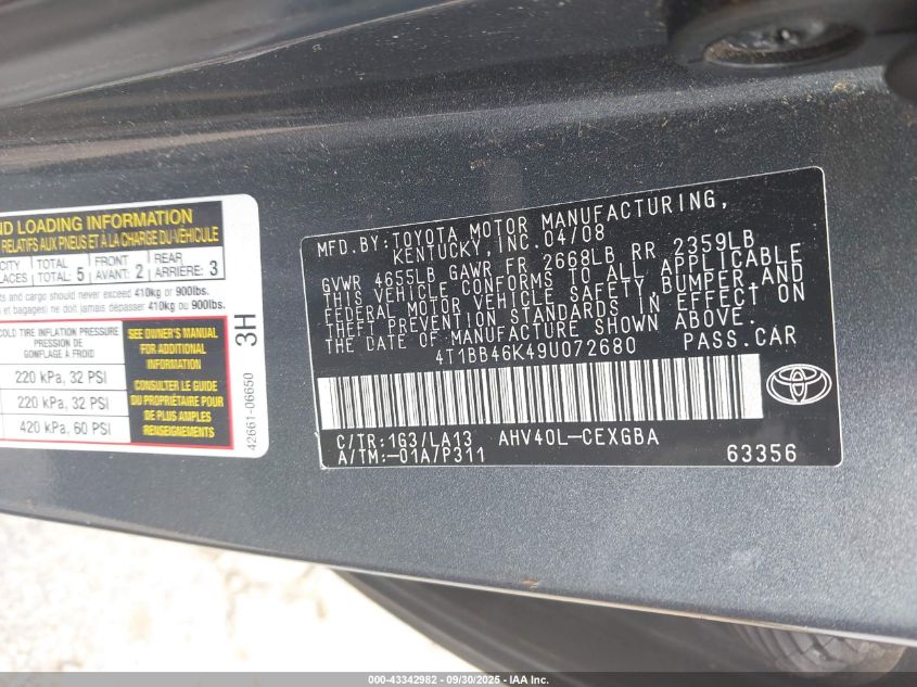 2009 Toyota Camry Hybrid VIN: 4T1BB46K49U072680 Lot: 43342982