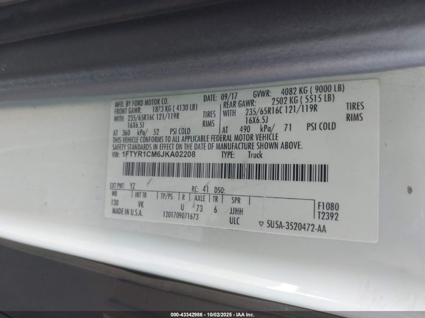 2018 Ford Transit-250 VIN: 1FTYR1CM6JKA02208 Lot: 43342986