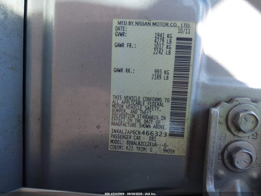 2012 Nissan Altima 2.5 S VIN: 1N4AL2AP6CN466323 Lot: 43342989
