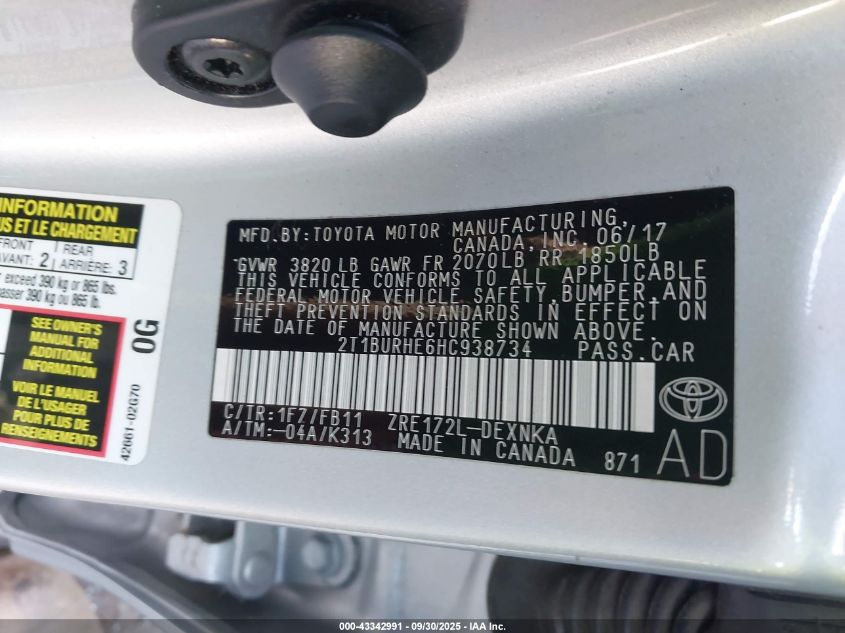 2017 Toyota Corolla Le VIN: 2T1BURHE6HC938734 Lot: 43342991