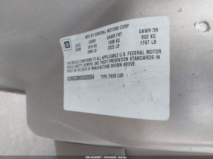 1999 Oldsmobile Cutlass Gls VIN: 1G3NG52M6X6305654 Lot: 43342997