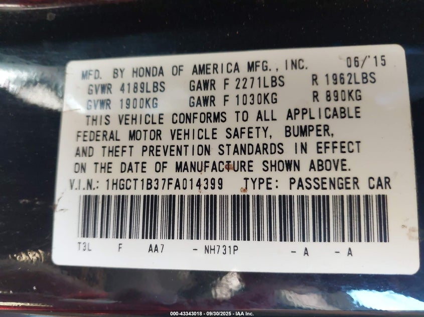 2015 HONDA ACCORD LX-S 1HGCT1B37FA014399