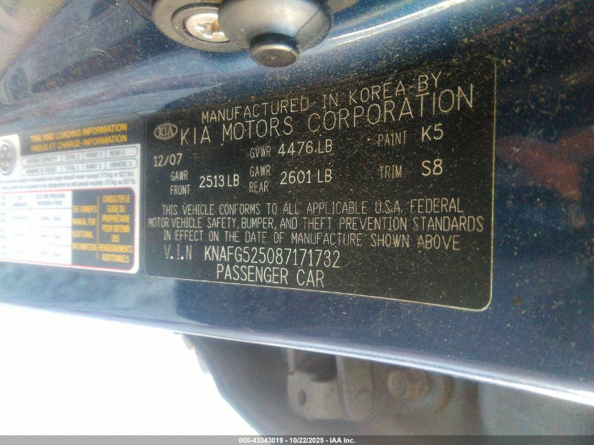 2008 Kia Rondo Lx VIN: KNAFG525087171732 Lot: 43343019