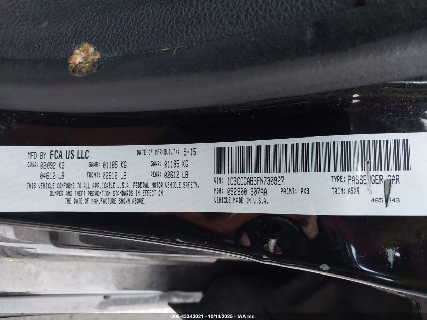 2015 Chrysler 200 Limited VIN: 1C3CCCAB3FN730927 Lot: 43343021