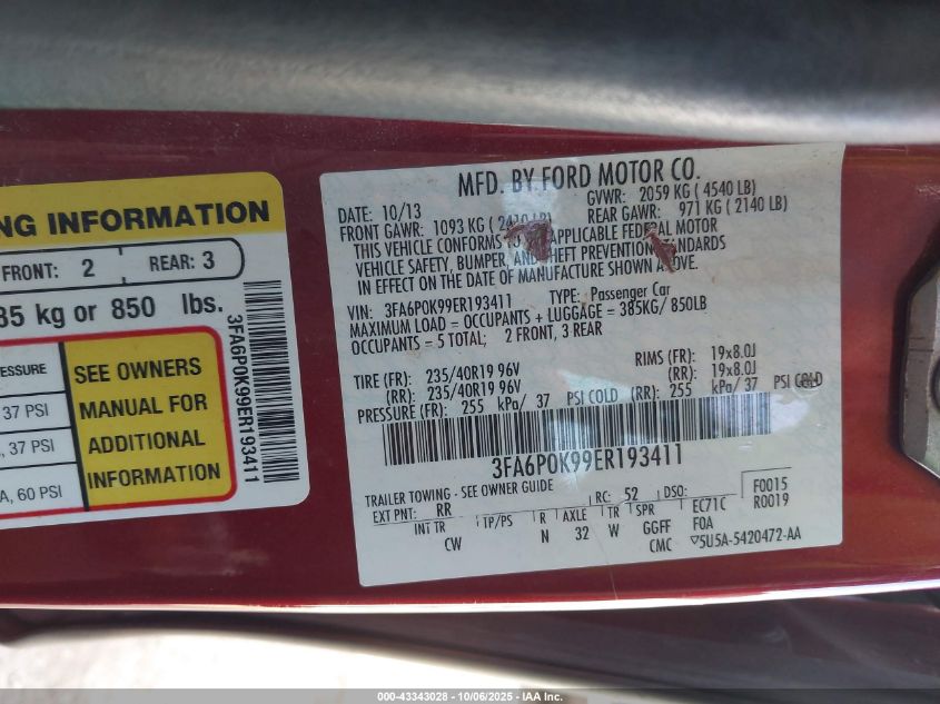 2014 Ford Fusion Titanium VIN: 3FA6P0K99ER193411 Lot: 43343028