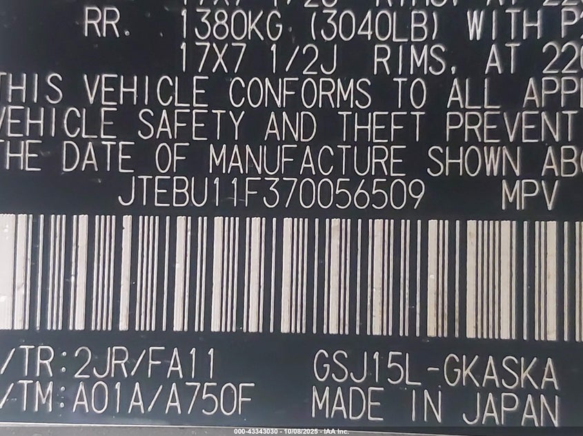 2007 Toyota Fj Cruiser VIN: JTEBU11F370056509 Lot: 43343030