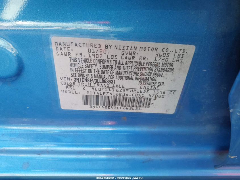 2020 Nissan Versa Sv Xtronic Cvt VIN: 3N1CN8EV3LL863631 Lot: 43343031