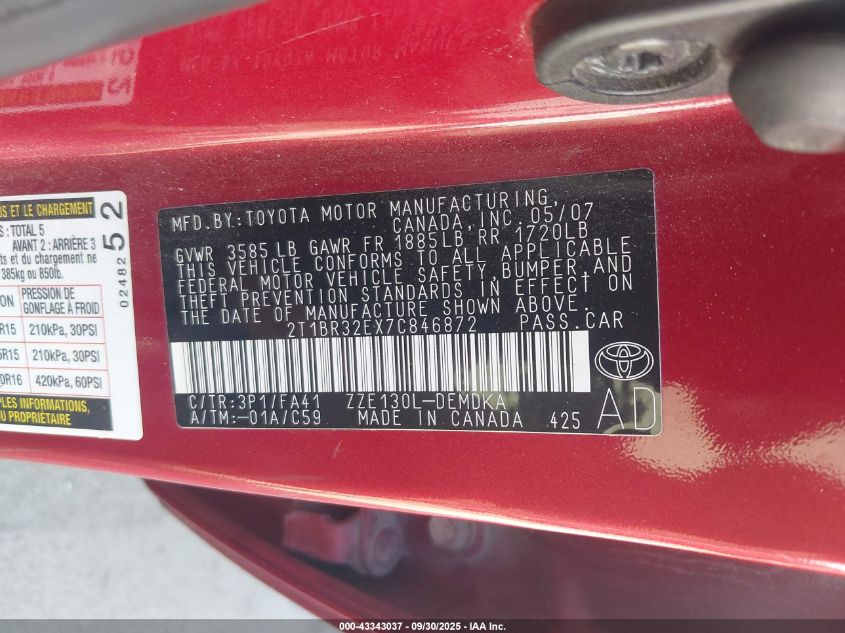 2007 Toyota Corolla Ce VIN: 2T1BR32EX7C846872 Lot: 43343037