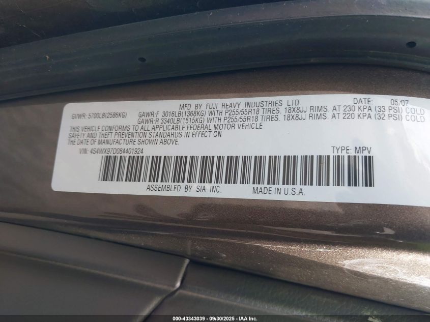 2008 Subaru Tribeca Limited 7-Passenger VIN: 4S4WX97D084401924 Lot: 43343039