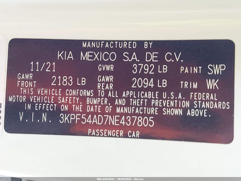 2022 Kia Forte Gt-Line VIN: 3KPF54AD7NE437805 Lot: 43343041