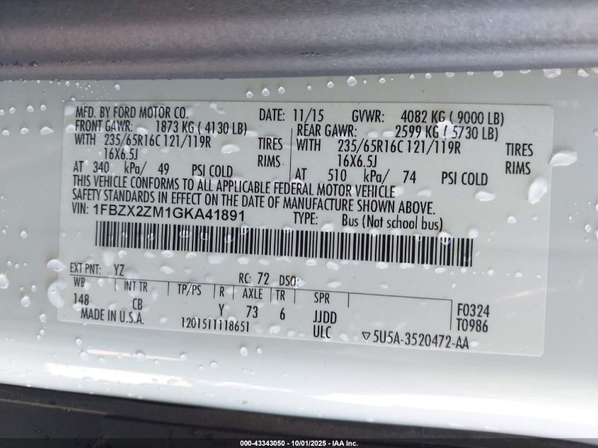 2016 Ford Transit-350 Xlt VIN: 1FBZX2ZM1GKA41891 Lot: 43343050