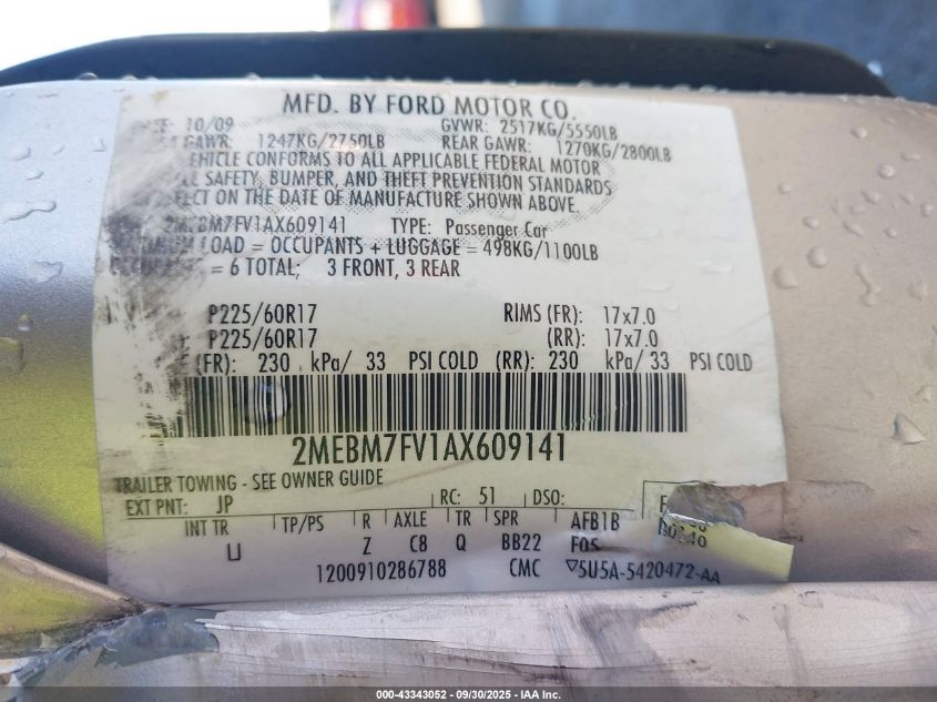 2010 Mercury Grand Marquis Ls (Fleet Only) VIN: 2MEBM7FV1AX609141 Lot: 43343052