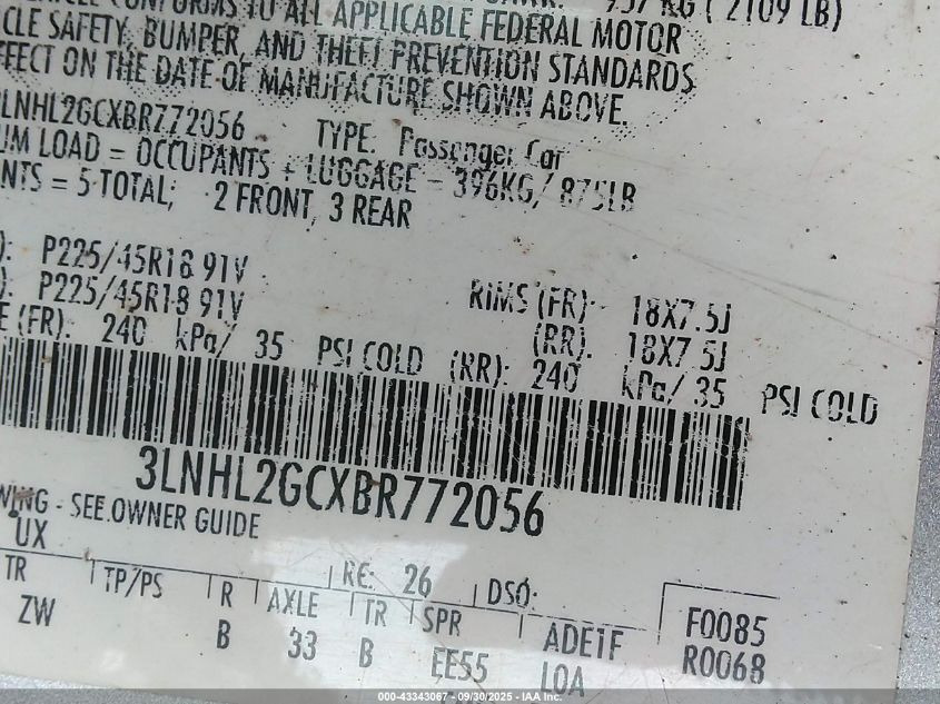 2011 Lincoln Mkz VIN: 3LNHL2GCXBR772056 Lot: 43343067