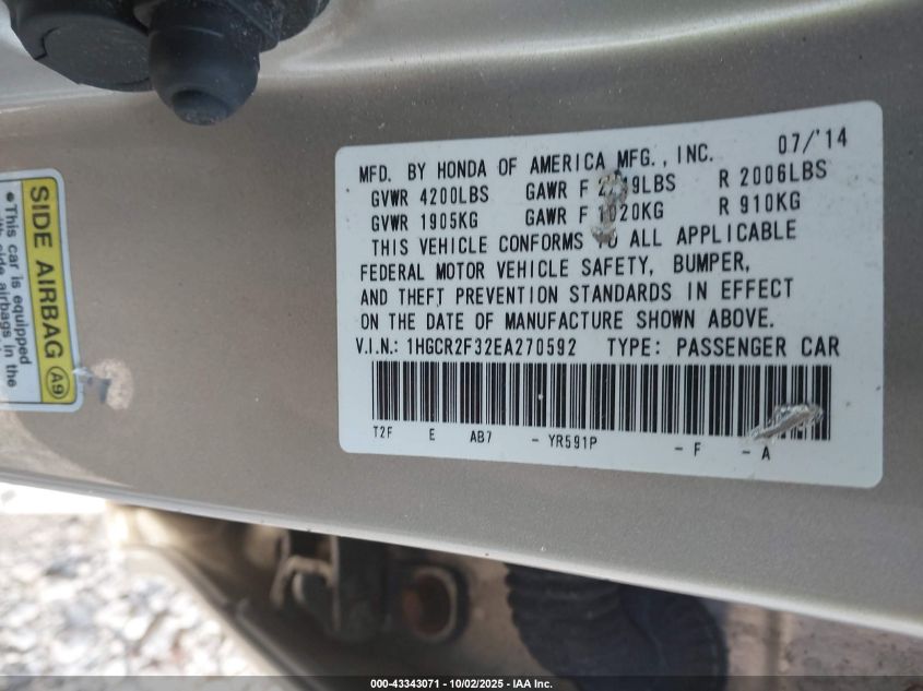 2014 Honda Accord Lx VIN: 1HGCR2F32EA270592 Lot: 43343071