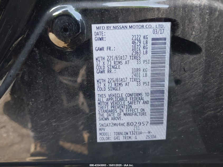 2017 Nissan Rogue Sv VIN: 5N1AT2MV4HC802957 Lot: 43343083