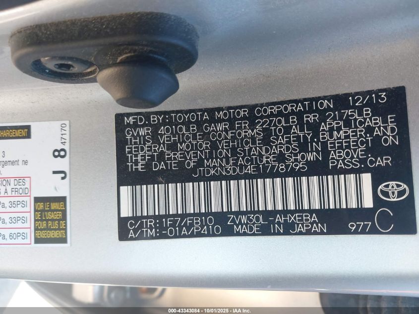 2014 Toyota Prius Two VIN: JTDKN3DU4E1778795 Lot: 43343084