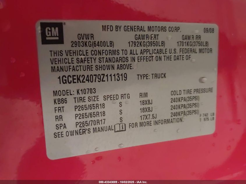 2009 Chevrolet Silverado 1500 Lt VIN: 1GCEK24079Z111319 Lot: 43343089