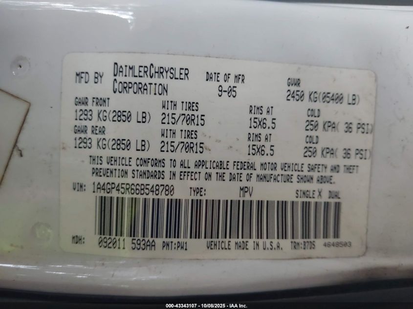 2006 Chrysler Town & Country VIN: 1A4GP45R66B548780 Lot: 43343107