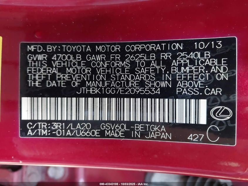 2014 Lexus Es 350 VIN: JTHBK1GG7E2095534 Lot: 43343108