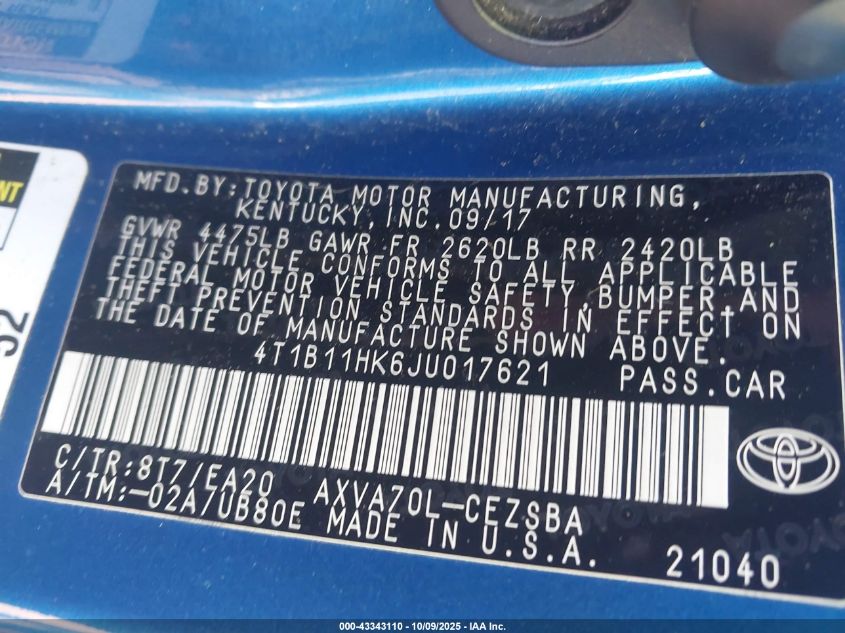 2018 Toyota Camry Se VIN: 4T1B11HK6JU017621 Lot: 43343110