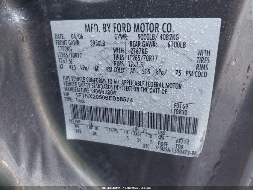 2006 Ford F-250 Lariat/Xl/Xlt VIN: 1FTNX20506ED58574 Lot: 43343111