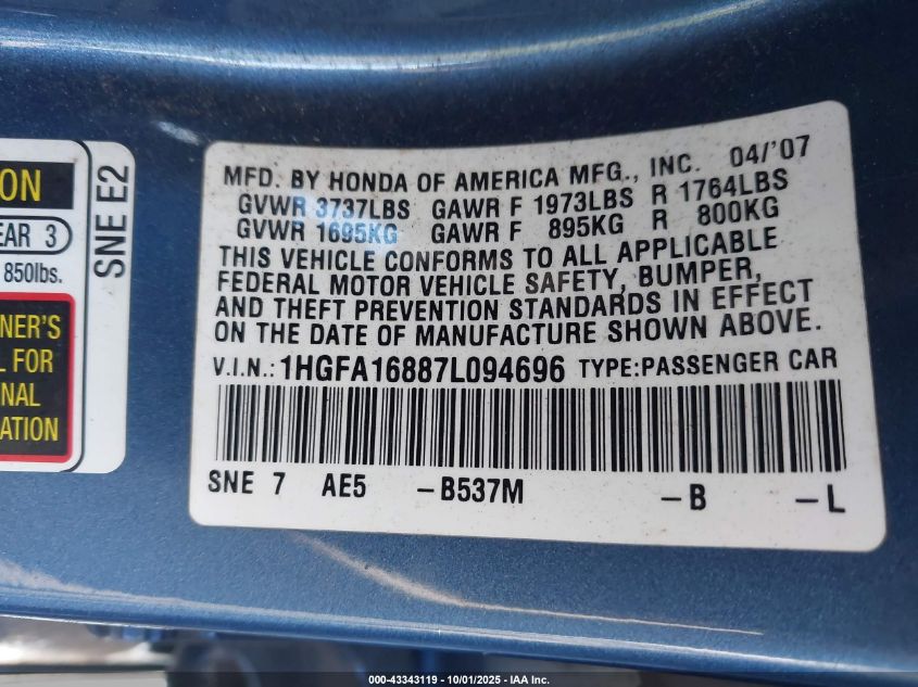 2007 Honda Civic Ex VIN: 1HGFA16887L094696 Lot: 43343119