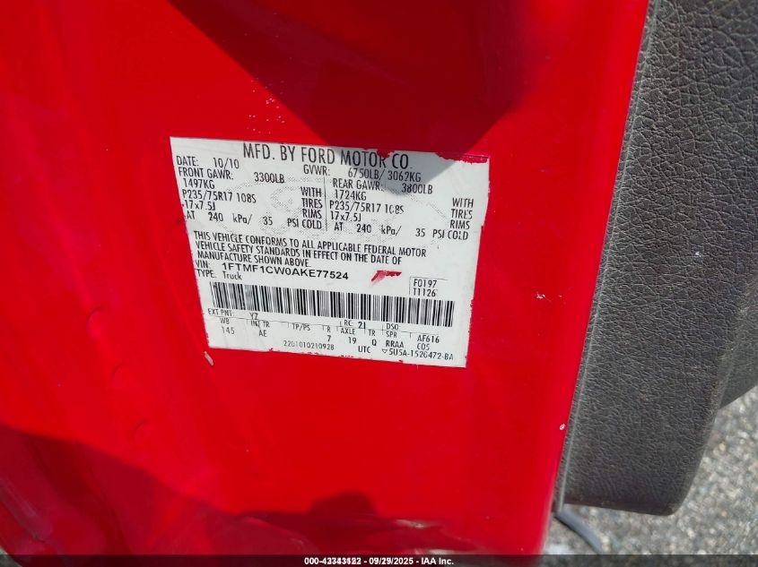 2010 Ford F-150 Stx/Xl/Xlt VIN: 1FTMF1CW0AKE77524 Lot: 43343122