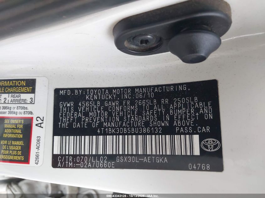 2011 Toyota Avalon VIN: 4T1BK3DB5BU386132 Lot: 43343128