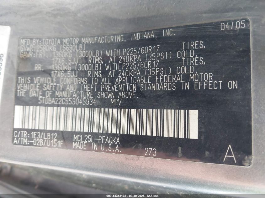 2005 Toyota Sienna Xle Limited VIN: 5TDBA22C55S045934 Lot: 43343133