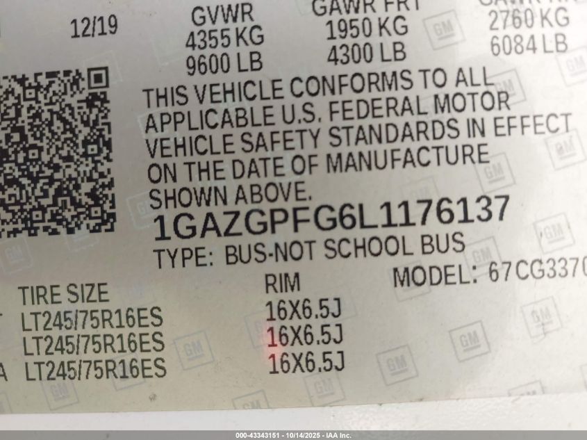 2020 Chevrolet Express Passenger Rwd 3500 Extended Wheelbase Lt VIN: 1GAZGPFG6L1176137 Lot: 43343151