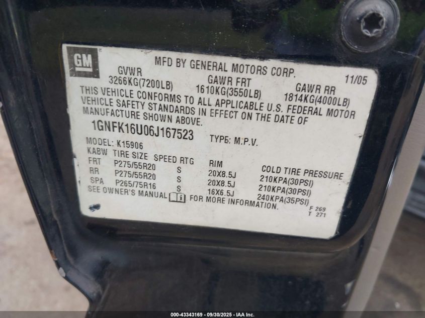 2006 Chevrolet Suburban 1500 Ltz VIN: 1GNFK16U06J167523 Lot: 43343169