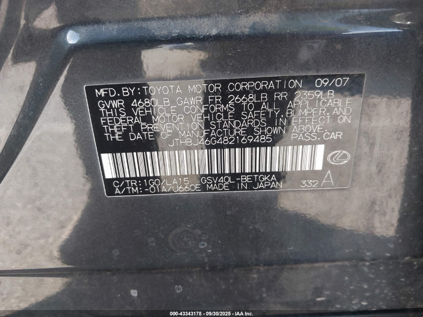 2008 Lexus Es 350 VIN: JTHBJ46G482169485 Lot: 43343178